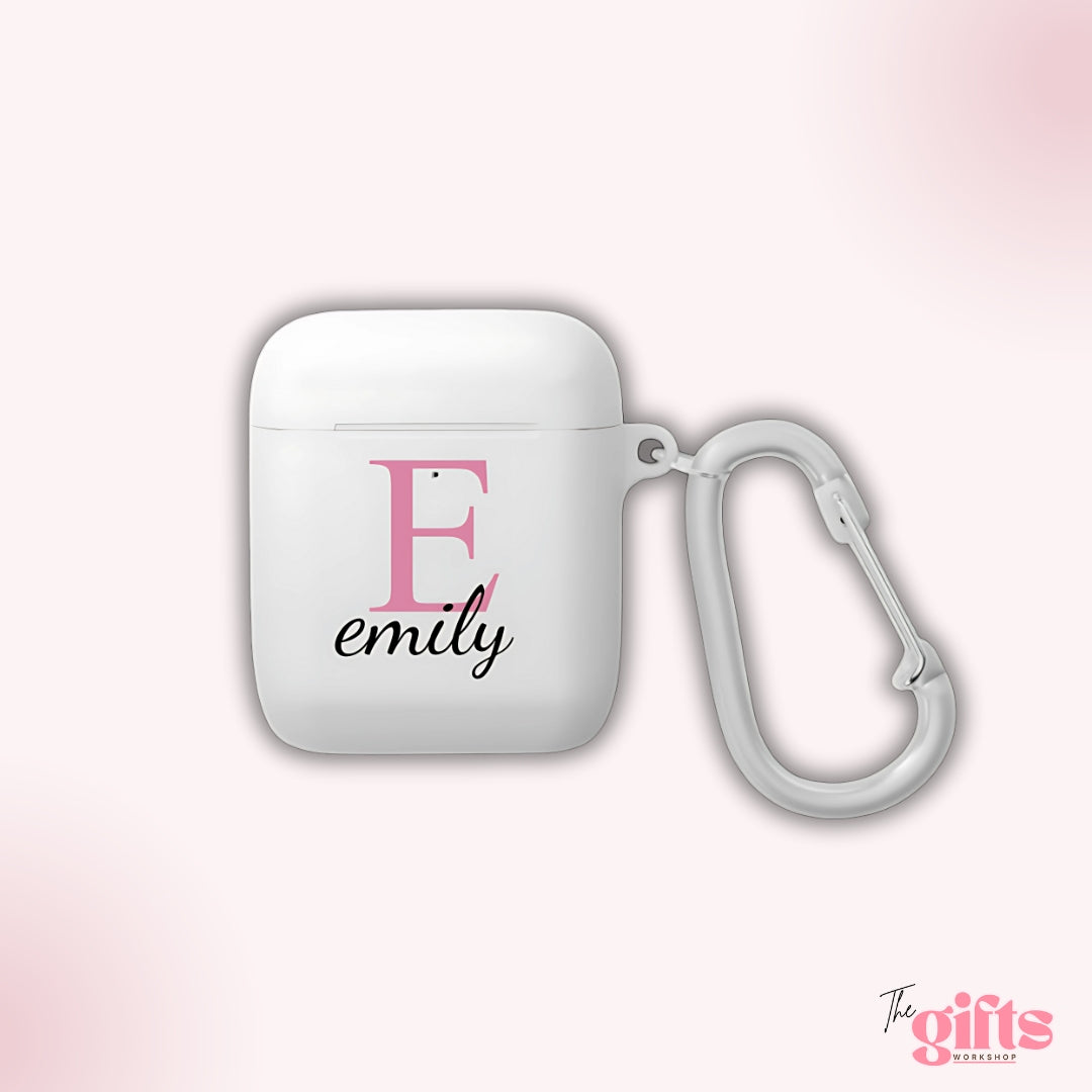 Personalized AirPods case with 'Emily'.