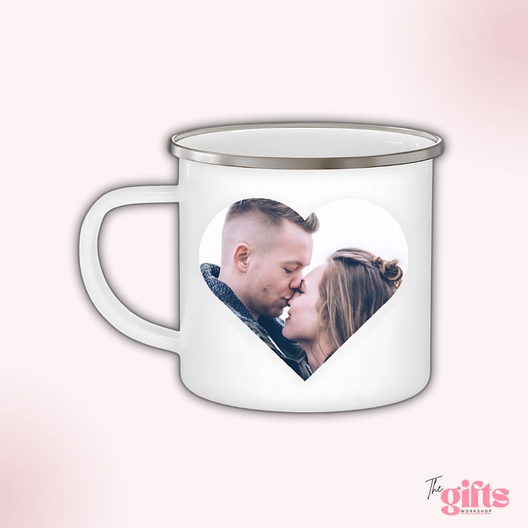 Enamel mug with heart-shaped photo.