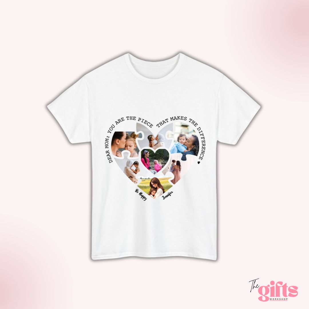 Mom's T-shirt with heart-shaped photos.