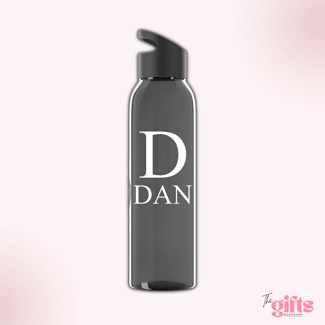 Black water bottle with 'DAN' print.