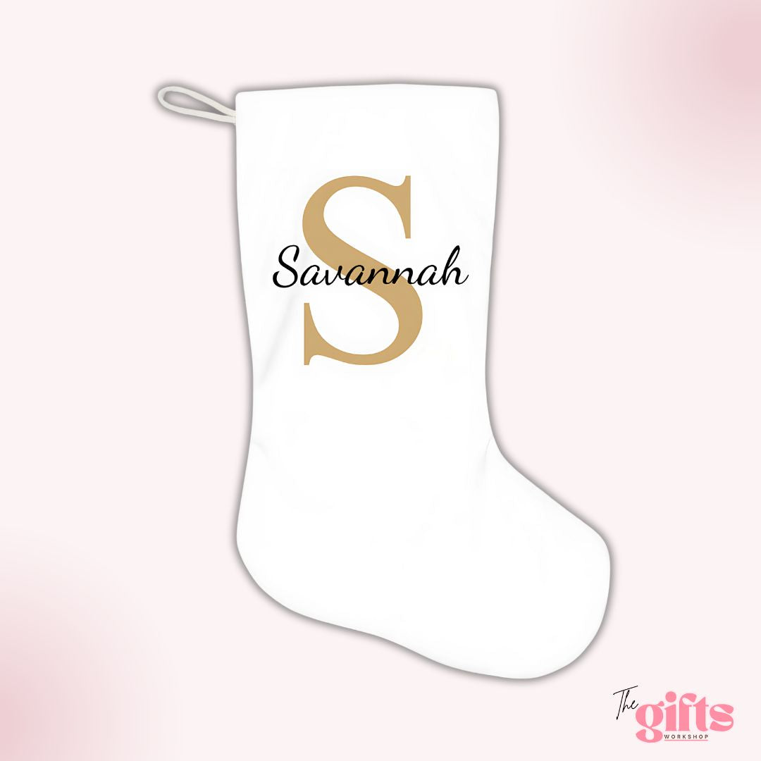 Savannah's Christmas stocking with gold 'S'.