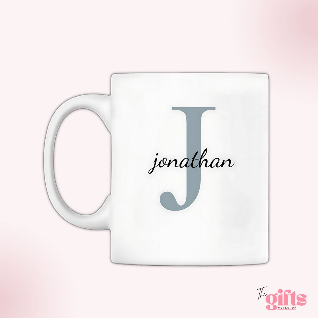 Jonathan initial mug from The Gifts Workshop.