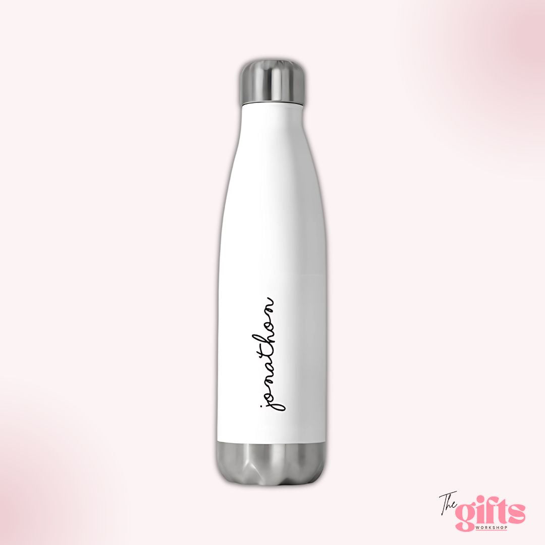 White insulated water bottle with 'jonathon' in cursive, from The Gifts Workshop
