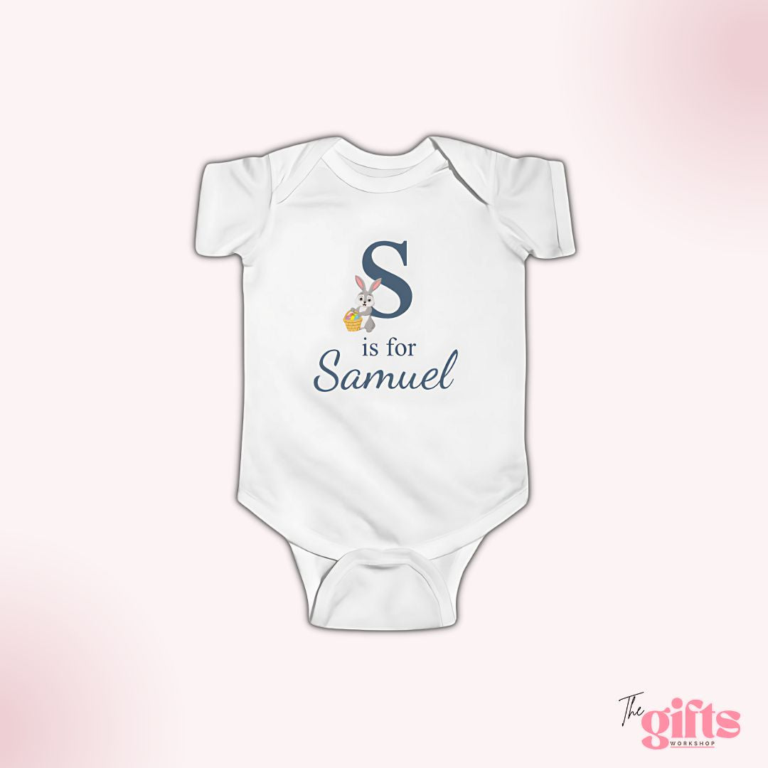 White baby onesie with 'S is for Samuel' design
