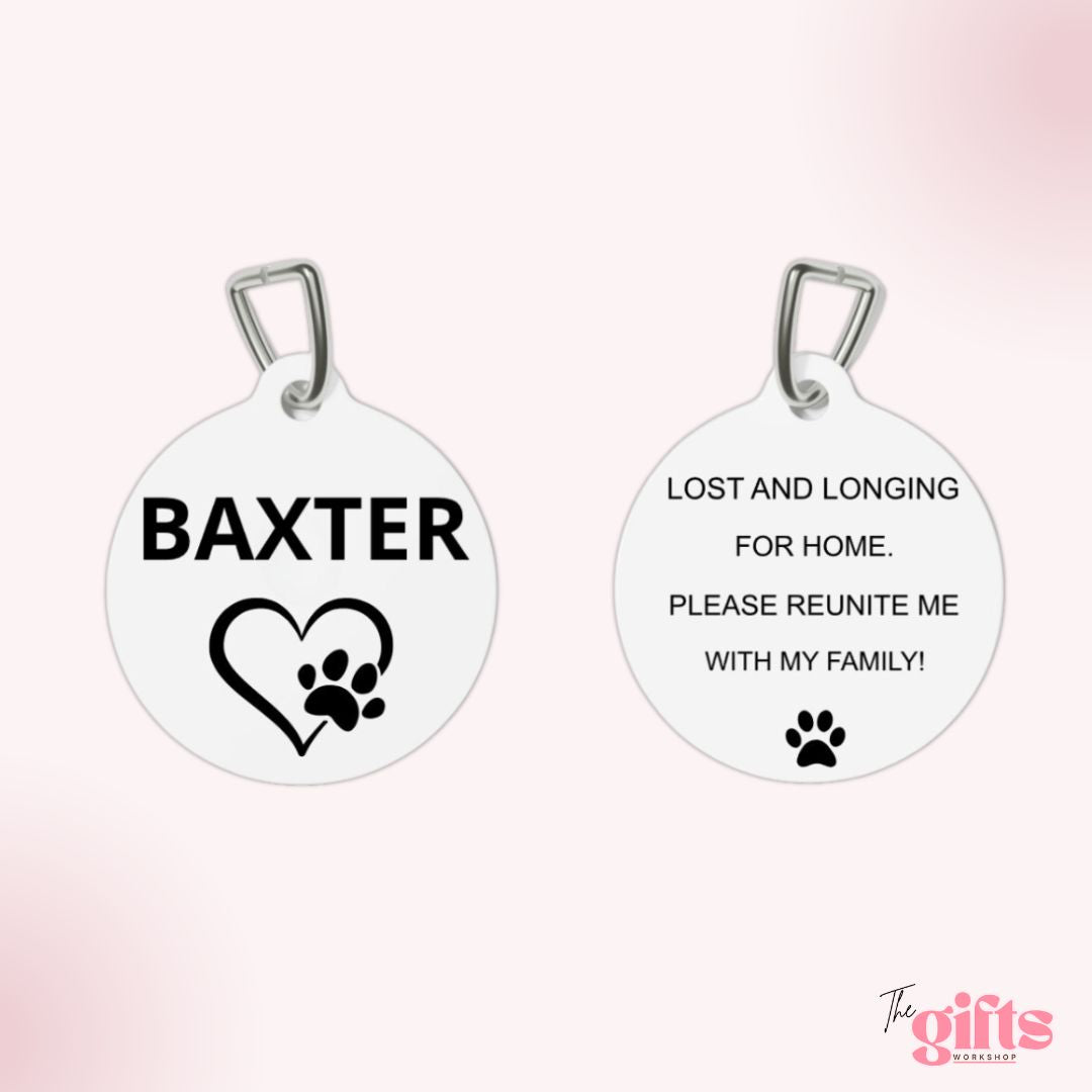 Circular pet tag with 'BAXTER' and 'Lost and Longing for Home' text, from The Gifts Workshop
