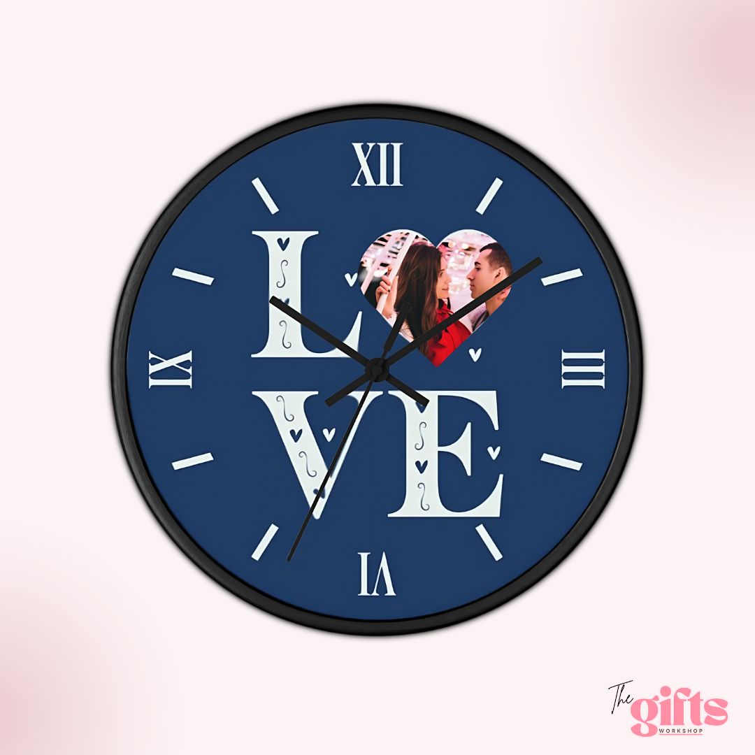 Blue wall clock with 'LOVE' and heart-shaped photo, from The Gifts Workshop