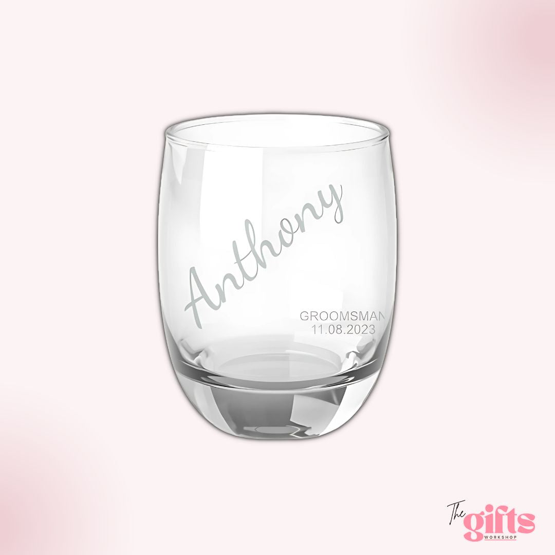 Engraved glass with 'Anthony', 'Groomsman', and date '11.08.2023', from The Gifts Workshop