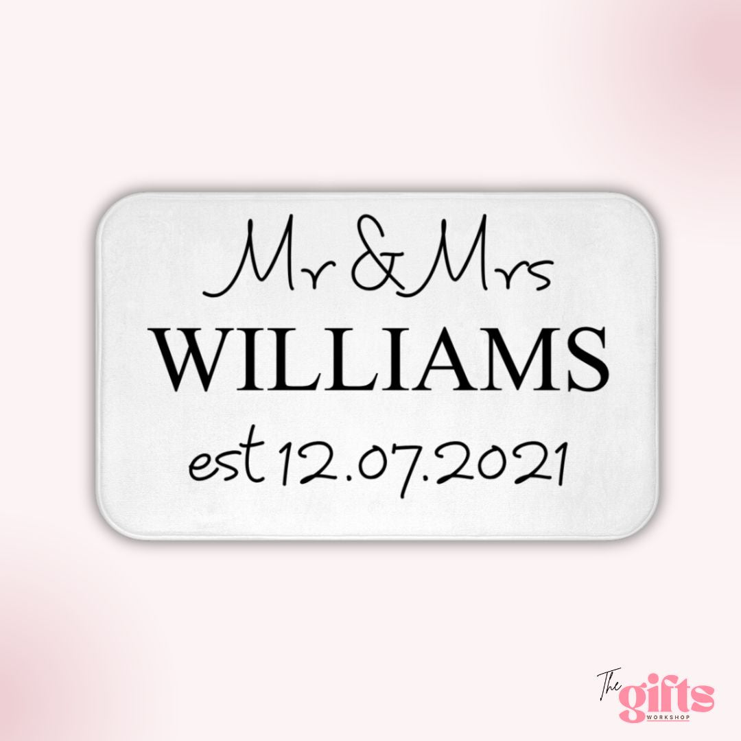 White rectangular sign with 'Mr & Mrs WILLIAMS est 12.07.2021' from The Gifts Workshop