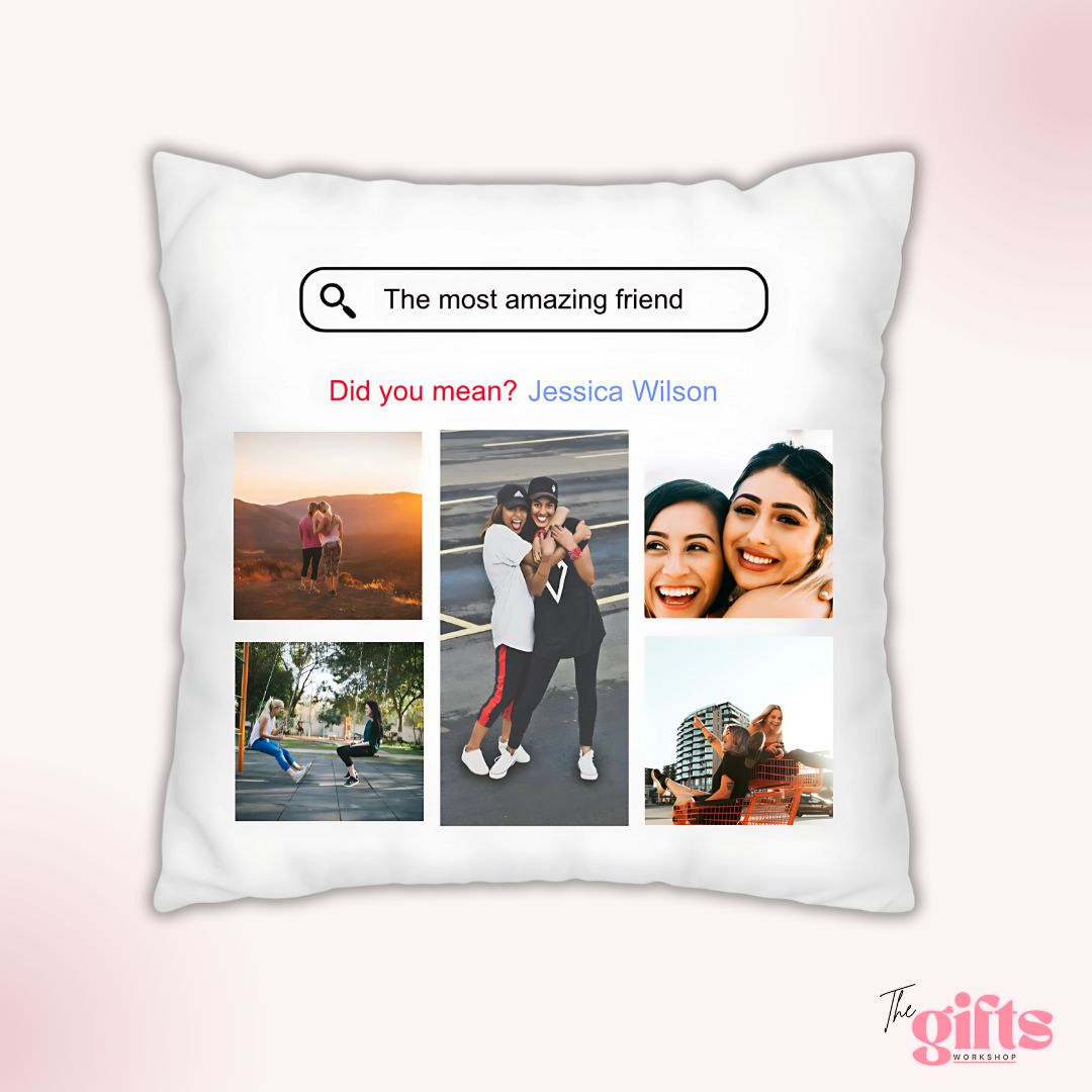 Pillow with photos and 'amazing friend' search bar.
